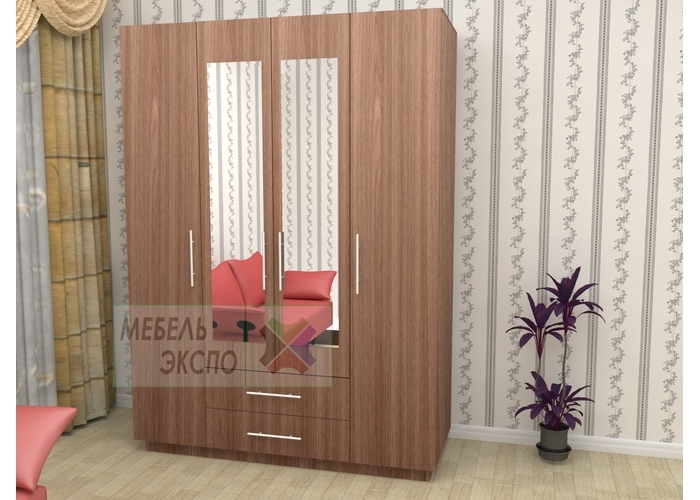 картинка Шкаф четырехдверный зеркальный распашной с ящиками от магазина мебельэкспо
